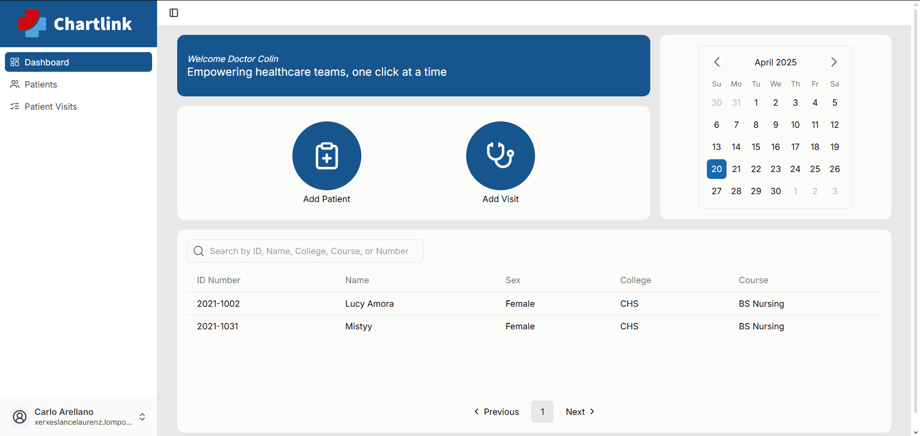 Doctor dashboard — main interface