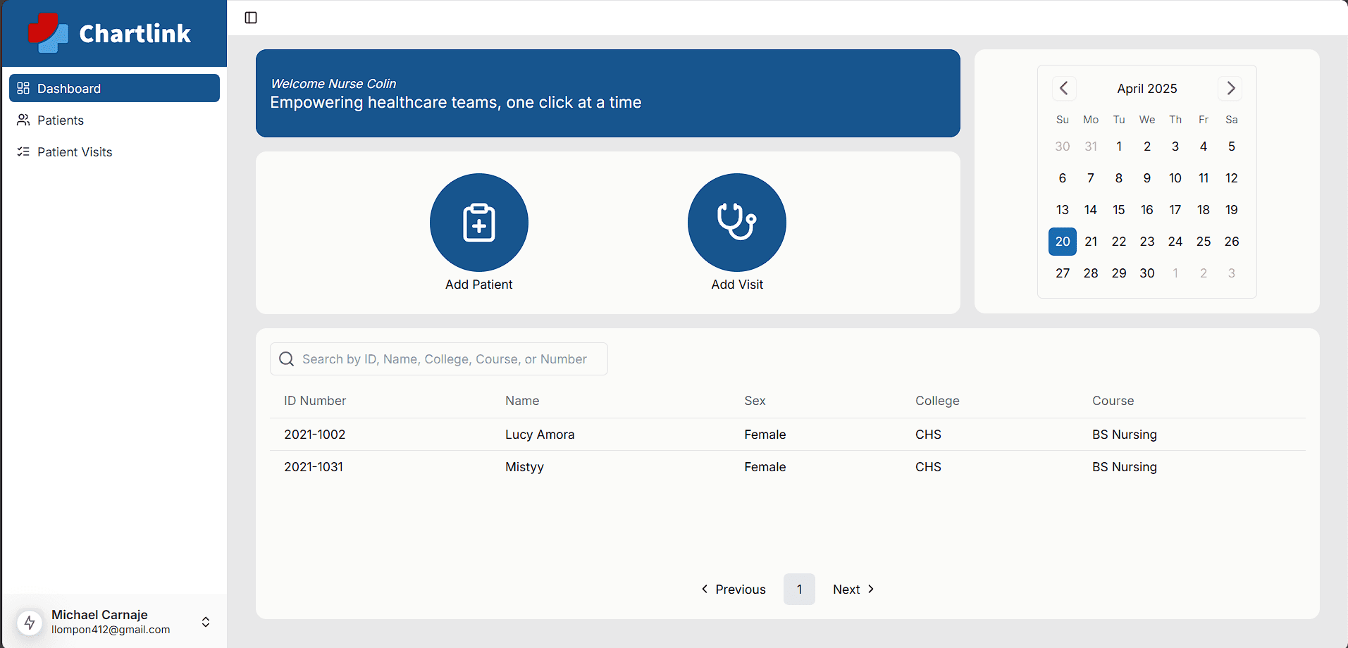Nurse dashboard — patient management