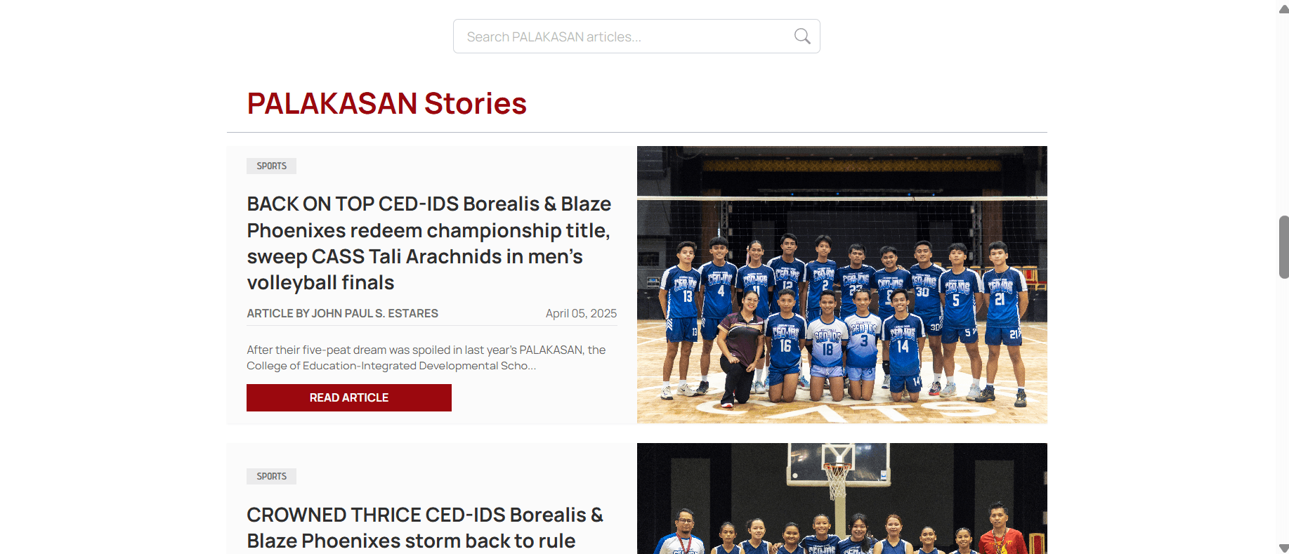 Palakasan coverage — special event articles